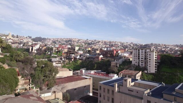 Aerial View Of Valparaiso Cityscape Rooftops. Push Forward Shot