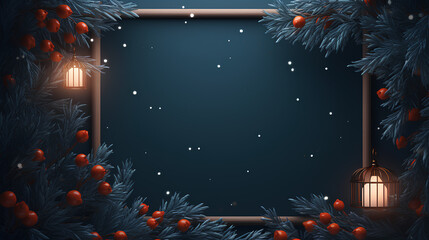 Christmas tree branches with fir cones, gold stars and beads on dark wooden background. Frame, berries, and lanterns. Christmas and New Year's atmosphere.  Generative AI