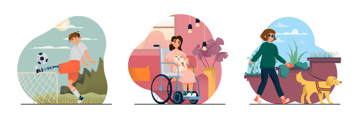 Fototapeta premium Boy with prosthetic leg playing football. Young female on wheelchair holding cat, resting at home. Blind female walking with dog outside. Flat vector illustration in cartoon style