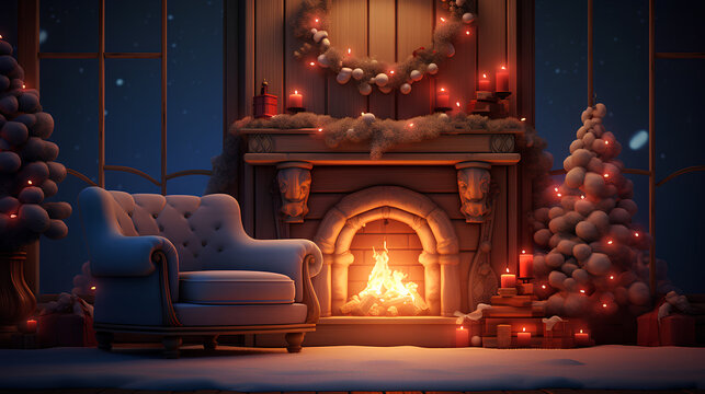 Christmas background with fireplace and armchair. Cozy warm atmosphere for the New Year and Christmas. Concept for holiday card, poster, banner. Generative AI