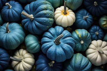 Fototapeta na wymiar Herbstlicher Hintergrund mit blauen und weißen Kürbissen in der Draufsicht