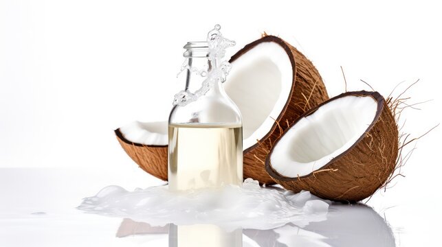coconut oil and coconut on white background