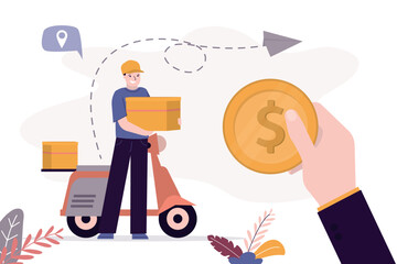Male courier on motorbike delivers order. Fast delivery. Giant hand give golden coin, payment. Transport company, client pay for shipping. Delivery man holds parcel.