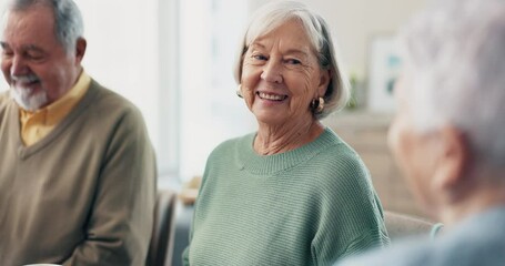 Tea, elderly or friends laughing in retirement talking for support for bonding together in nursing home. Coffee drink, old people or funny mature man with happy senior women for friendship to relax - Powered by Adobe