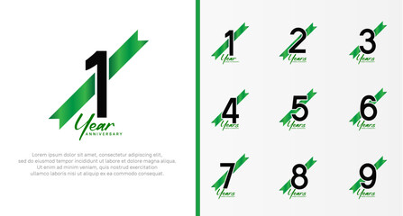 set of anniversary logo black color number and green ribbon on white background for celebration