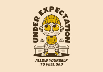 Under expectation, little man character wearing beanie with sad face