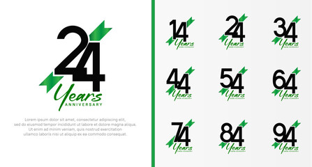 set of anniversary logo black color number and green ribbon on white background for celebration