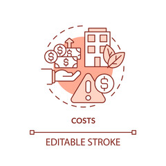 Editable costs red icon concept, isolated vector, sustainable office thin line illustration.