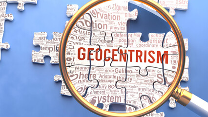 Geocentrism being closely examined along with multiple vital concepts and ideas directly related to Geocentrism. Many parts of a puzzle forming one, connected whole.,3d illustration