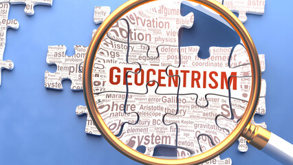 Fototapeta premium Geocentrism being closely examined along with multiple vital concepts and ideas directly related to Geocentrism. Many parts of a puzzle forming one, connected whole.,3d illustration