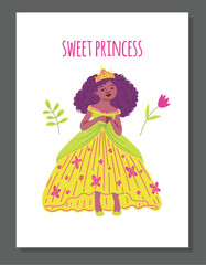 African princess in lush dress with crown, luxuriant fairy with curly dark hair, vector multi ethnic princess poster