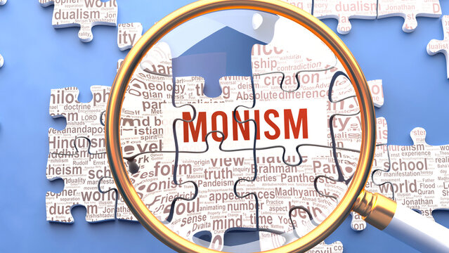 Monism being closely examined along with multiple vital concepts and ideas directly related to Monism. Many parts of a puzzle forming one, connected whole.,3d illustration