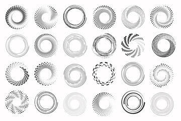 Set of black thick halftone dotted speed lines. Speed lines in circle form. Geometric art. Design element for frame, logo, tattoo, web pages, prints, posters, template, abstract vector background