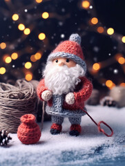 Abstract Christmas background with Santa Claus woven from knitting threads. Template for greeting card with copy space for text. Generative AI.