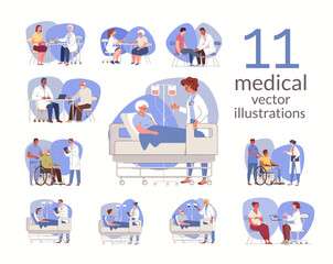 Set of situations for narrow medical professionals and patients. Doctors, nurses. Examination and diagnosis, consultation and treatment. Vector character flat cartoon illustration.