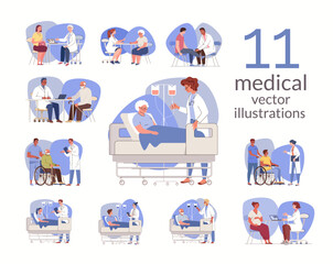 Fototapeta na wymiar Set of situations for narrow medical professionals and patients. Doctors, nurses. Examination and diagnosis, consultation and treatment. Vector character flat cartoon illustration.