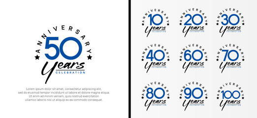 set of anniversary logo flat blue color number and black text on white background for celebration