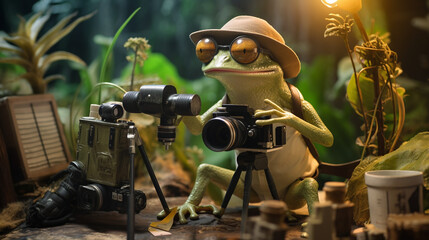 Frosch als Filmemacher und Fotograf lustig als Cartoon und Comic, ai generativ - obrazy, fototapety, plakaty