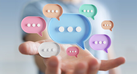 Businessman using digital speech bubbles talk icons. Minimal conversation or social media messages floating over user hand. 3D rendering - obrazy, fototapety, plakaty