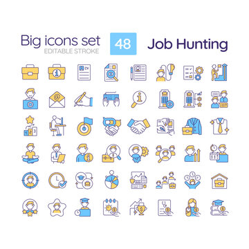 Job hunting RGB color icons set. Employment agency. Recruitment process. Human resources. Job search. Isolated vector illustrations. Simple filled line drawings collection. Editable stroke