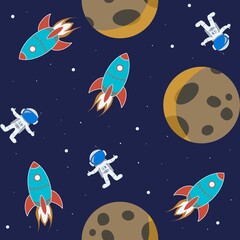 Rocket, astronaut and moon in space seamless pattern for kids