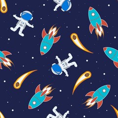 Astronaut, rocket and yellow comet in space seamless pattern for kids