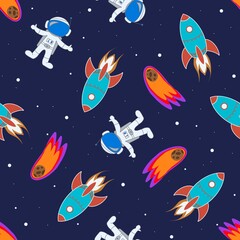 Astronaut, rocket and comet in space seamless pattern for kids