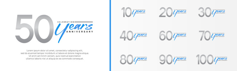 set of anniversary logo silver color number and blue text on white background for celebration - obrazy, fototapety, plakaty