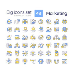 Marketing RGB color icons set. Business strategy. Brand development. Advertising campaign. Profit growth. Isolated vector illustrations. Simple filled line drawings collection. Editable stroke