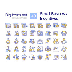 Small business incentives RGB color icons set. Tax credit. Economic development. Business support. Grant money. Isolated vector illustrations. Simple filled line drawings collection. Editable stroke