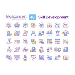 Fototapeta premium Skill development RGB color icons set. Professional growth. Training program. Learning opportunity. Isolated vector illustrations. Simple filled line drawings collection. Editable stroke