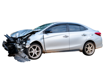 Front and side of white car get damaged by accident on the road. damaged cars after collision. isolated on transparent background, car crash bumper for graphic design element, PNG