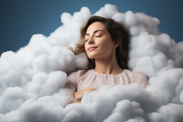 Woman sleeps on a cloud like in the bed 