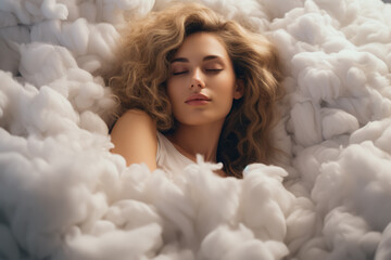 Woman sleeps on a cloud like in the bed 