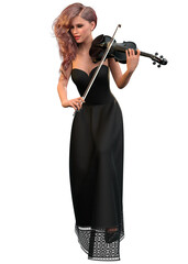 3D Woman in black dress play violin