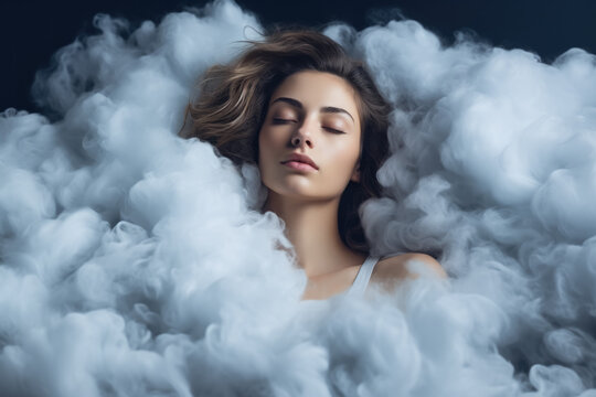 Woman sleeps on a cloud like in the bed 