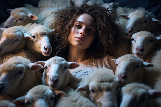 Woman tries to sleep and counting sheep in the bed 