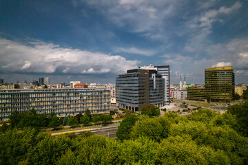 Drone, Warsaw, bird eye, bird view, pole mokotowskie, summer, green, sky