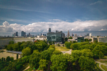 Drone, Warsaw, bird eye, bird view, pole mokotowskie, summer, green, sky