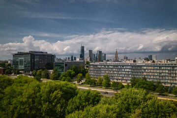 Drone, Warsaw, bird eye, bird view, pole mokotowskie, summer, green, sky