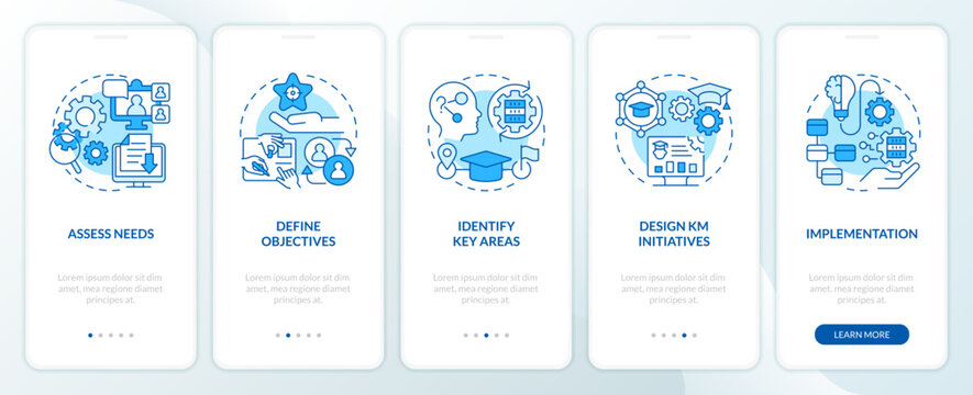 2D linear icons representing knowledge management mobile app screen set. 5 steps graphic instructions, UI, UX, GUI template.