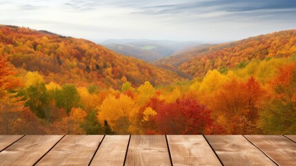 The autumn nature skyline creates an exuberant image on the empty wooden table top. (Generative AI)