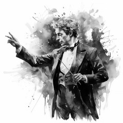 An illustration of a conductor of a orchestra black and white with a bright red watercolor splash, isolated on a white background, made by hand.