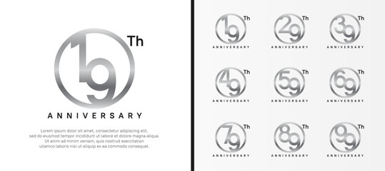 set of anniversary logo silver color number in circle and black text on white background for celebration - obrazy, fototapety, plakaty