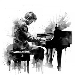 Pianist man in black tailcoat watercolor illustration. Expressive romantic pianist man plays piano isolated on white - 629436496