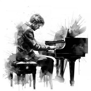 Pianist man in black tailcoat watercolor illustration. Expressive romantic pianist man plays piano isolated on white