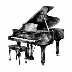 Black watercolor sketch grand piano on a white background