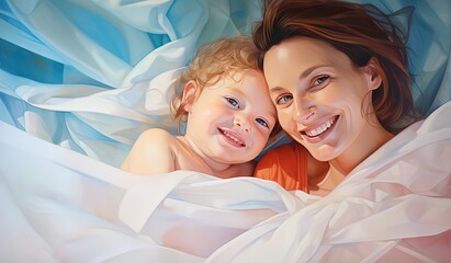 painting style illustration of mom and son smiling in bed, Generative Ai
