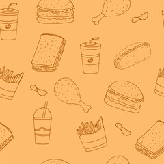 fast food seamless pattern hand drawn in doodle style.