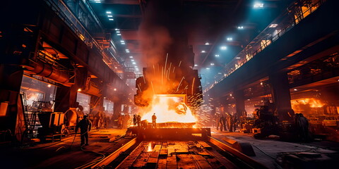 A massive steel mill with towering furnaces and sparks flying as raw materials are transformed into beams and plates for construction projects. Generative AI
